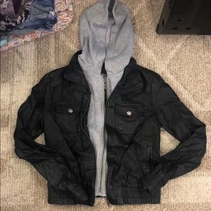 Black hooded leather jacket